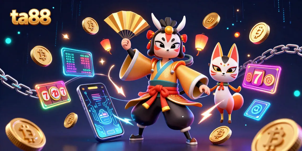 Experience thrilling gameplay with ta88 as kabuki warriors and crypto elements unite in a vibrant casino scene.