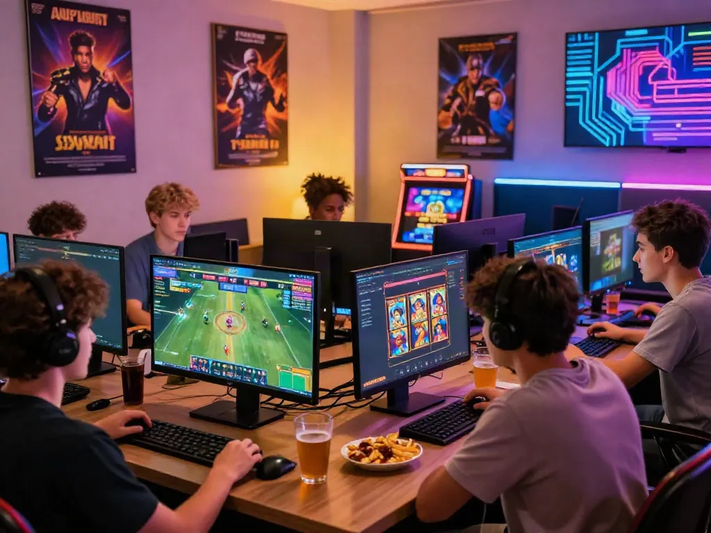 Friends enjoying SKY88 online gaming, surrounded by sports and casino games.