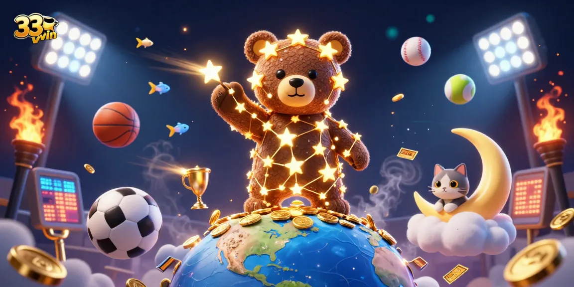 Experience the thrill of 33win with dazzling casino elements in an enchanting 3D scene.