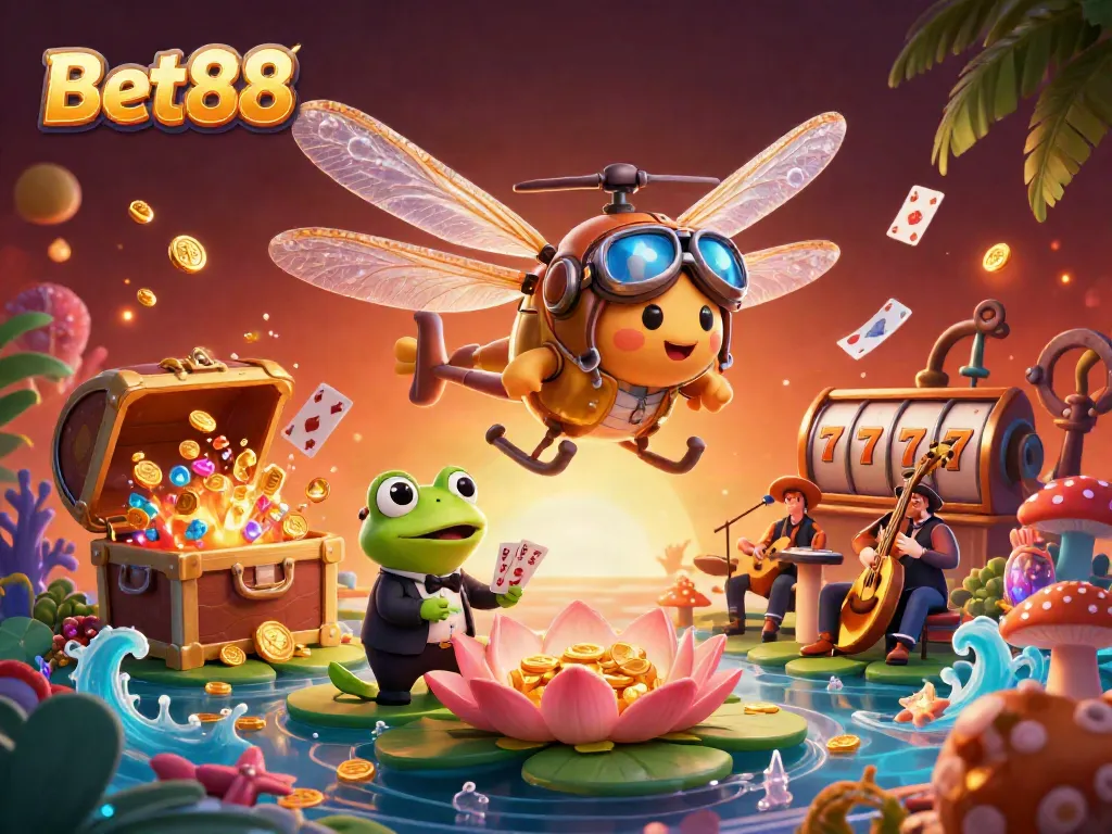 Engaging Bet88 casino experience with thrilling dragonfly pilot, frog dealer, and lively musicians.
