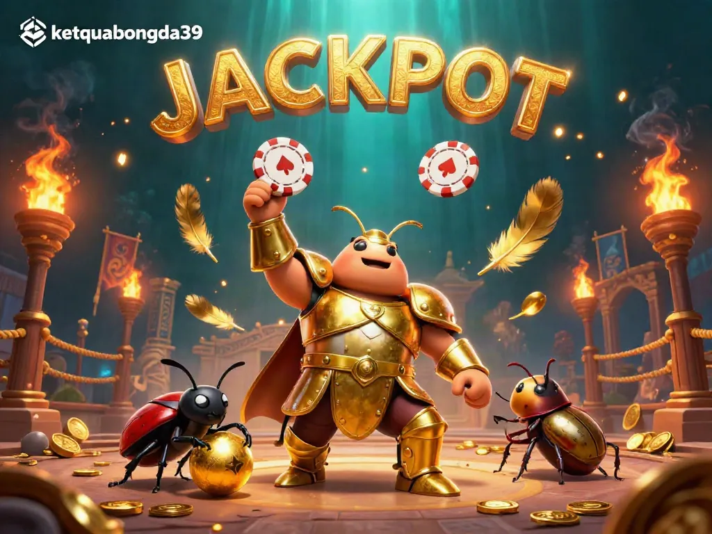 Experience the thrilling ketquabongda39 jackpot scene with a heroic beetle celebrating victory amidst glowing casino elements.