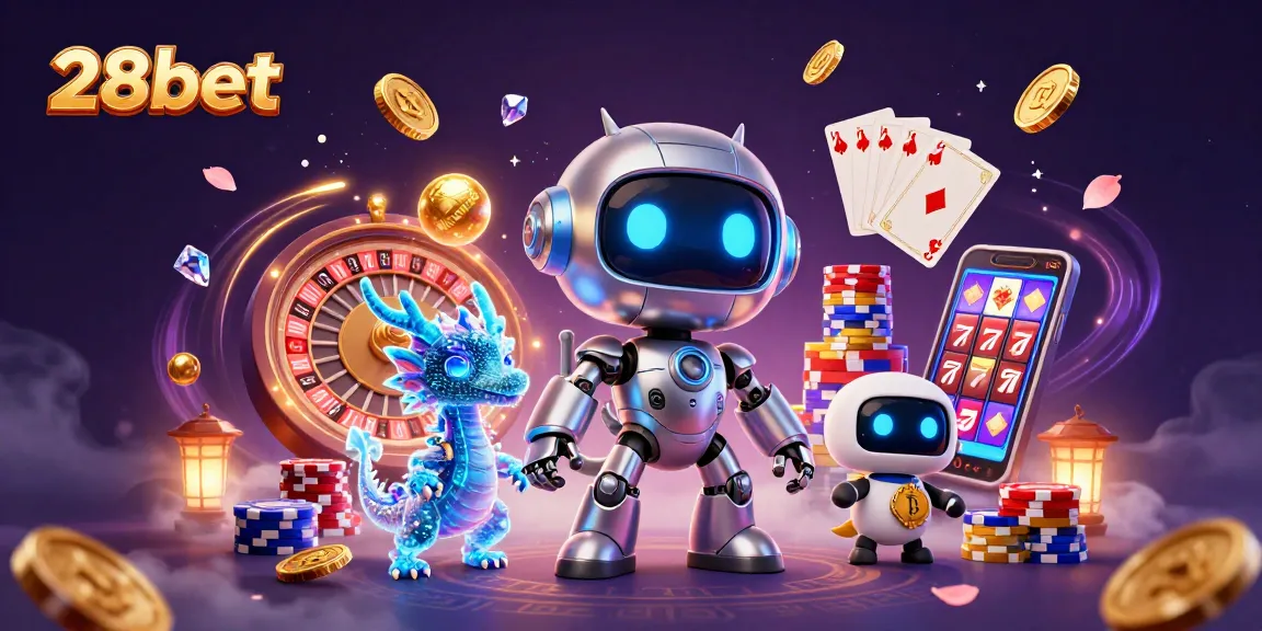 Engage in immersive gaming with 28bet's vibrant casino scene featuring unique robotic characters and thrilling symbols.