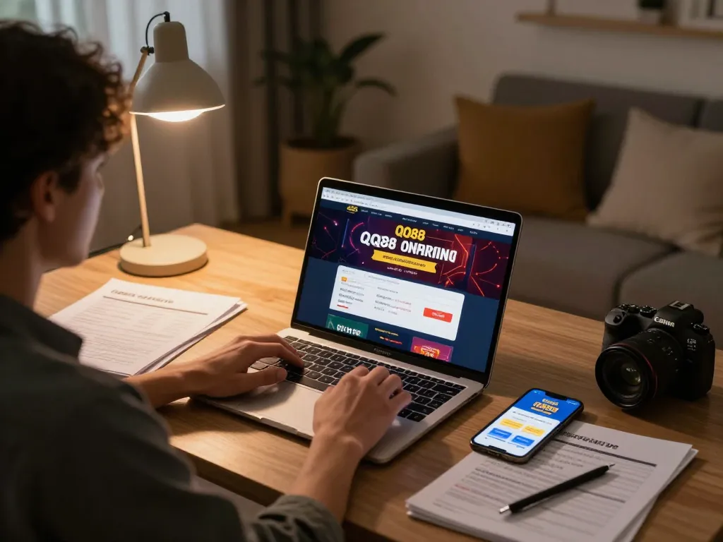 Player enjoying the QQ88 online casino experience on a laptop with strategic notes for better betting.