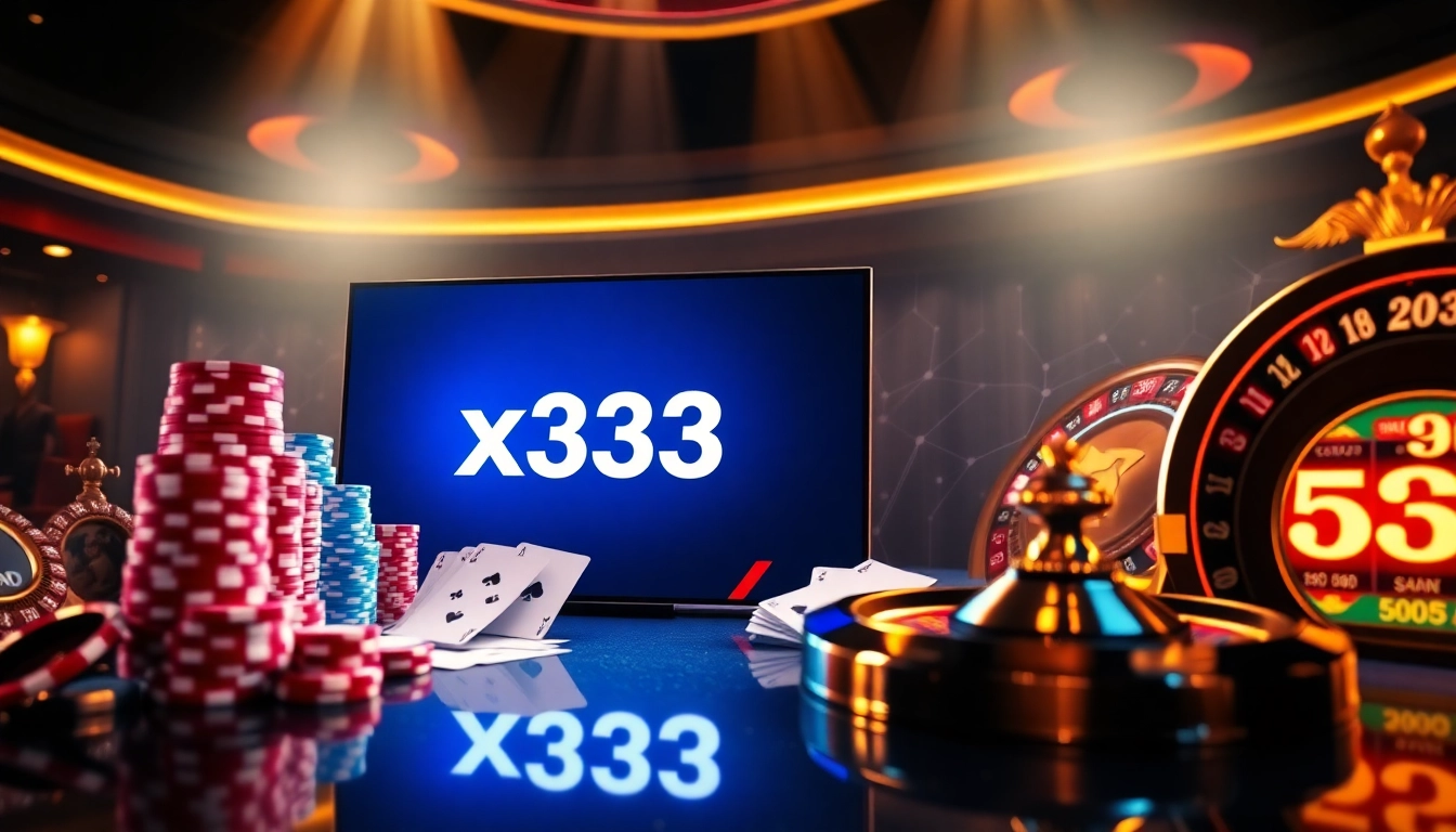 x333 platform showcasing vibrant poker chips, cards, roulette wheel, and slot machine in action