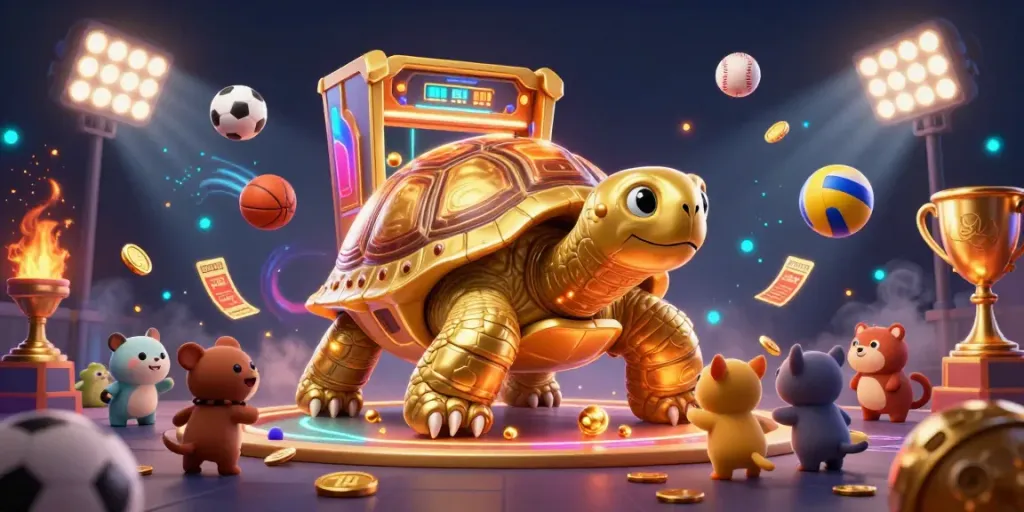 Experience the excitement of an online casino with a golden tortoise themed pinball machine surrounded by cheerful animals.