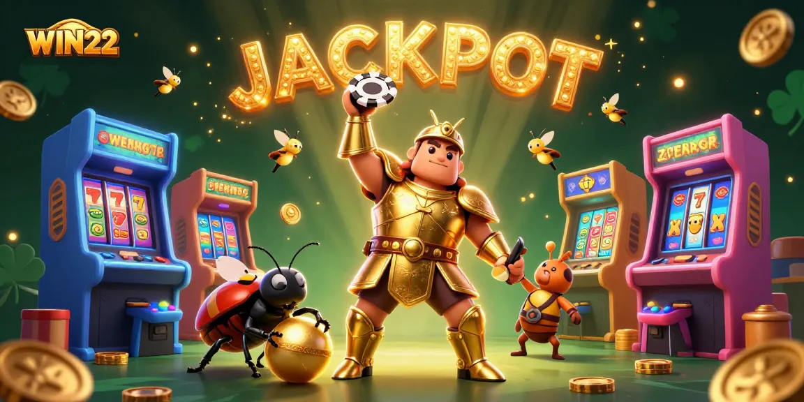 WIN222's animated jackpot celebration features a heroic beetle and vibrant gaming elements.