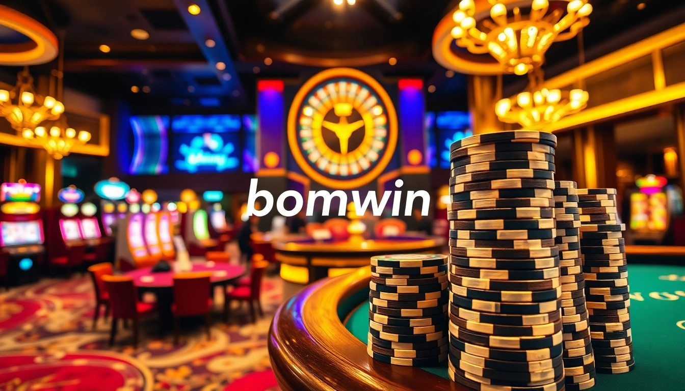 Experience the vibrant energy of bomwin with players at poker tables and a spinning roulette wheel.