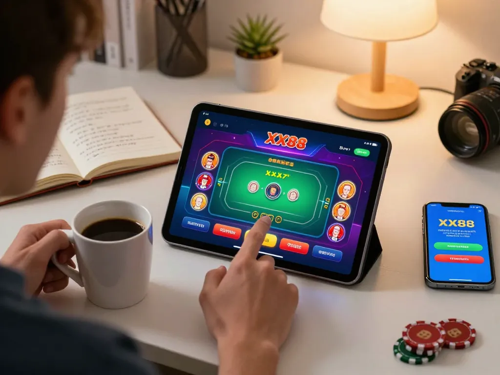 Engaging user playing online poker on the XX88 app, showcasing betting strategies and comfortable home settings.