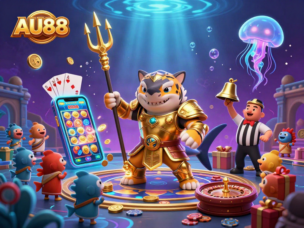 Engage with AU88's vibrant underwater casino scene showcasing a gladiatorial shark with interactive games.