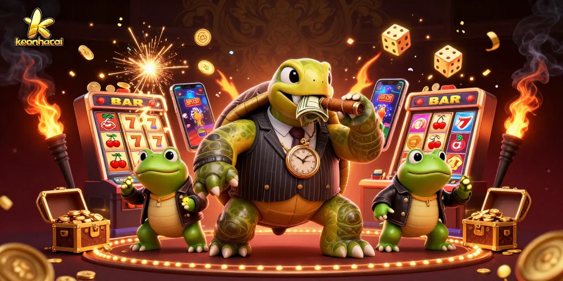 Engage with keonhacai as the snapping turtle enjoys its casino time amid vibrant slot machines.