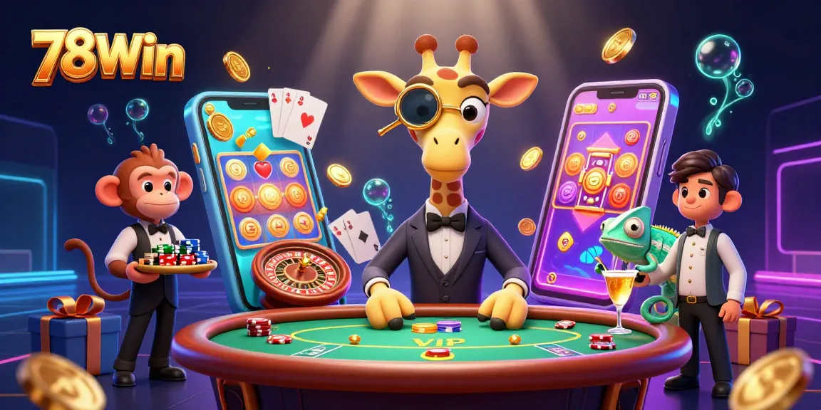 Experience vibrant gaming at 78Win with a high-roller giraffe and dynamic casino elements.