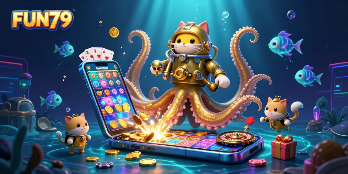 Win big with FUN79's thrilling gambling experiences featuring a vivid 3D casino illustration.