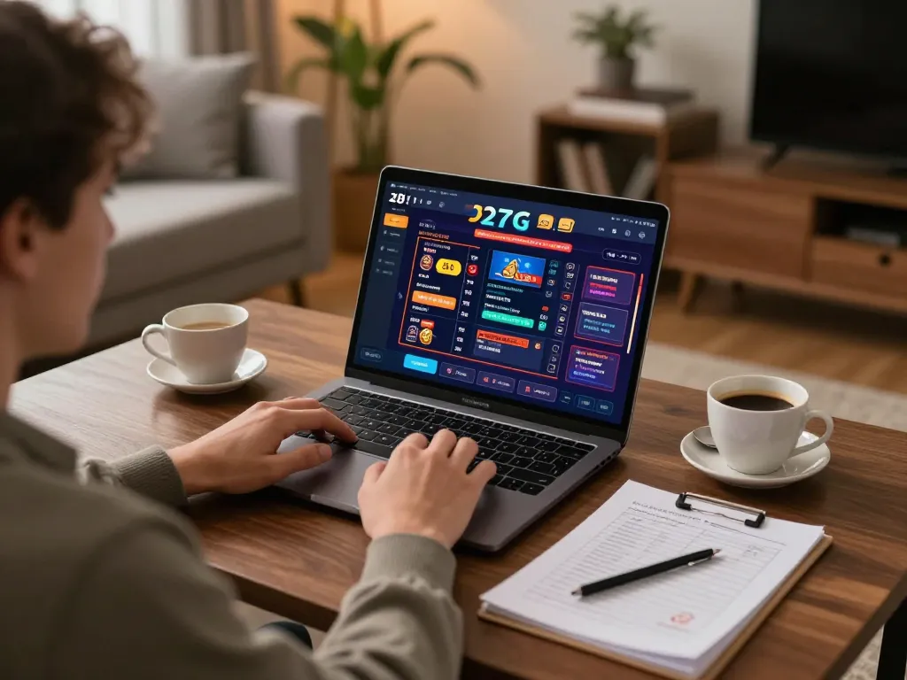 Player engaged with the 27G online casino platform, showcasing an immersive gaming experience in a cozy home setting.
