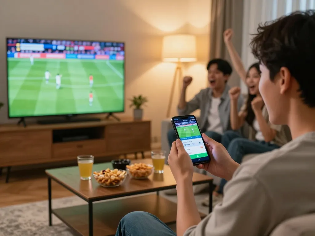 Engaged bettor placing a wager on thể thao 33win in a lively home setting, enjoying a sports event.