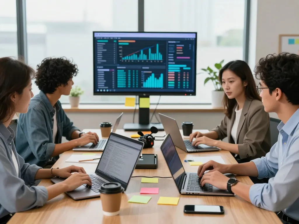Colaboração em equipe em um escritório moderno com notebooks de alto desempenho, destacando aluguel de notebooks para empresas para aumentar a produtividade.