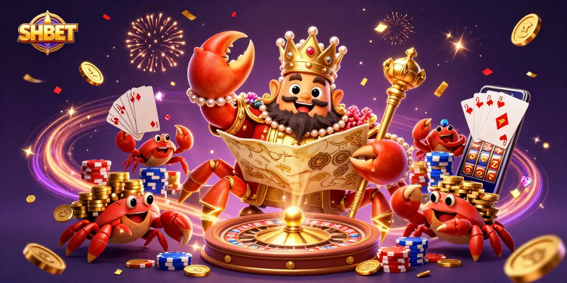 SHBET's golden crab emperor rules a vibrant casino world with dynamic games and treasures.