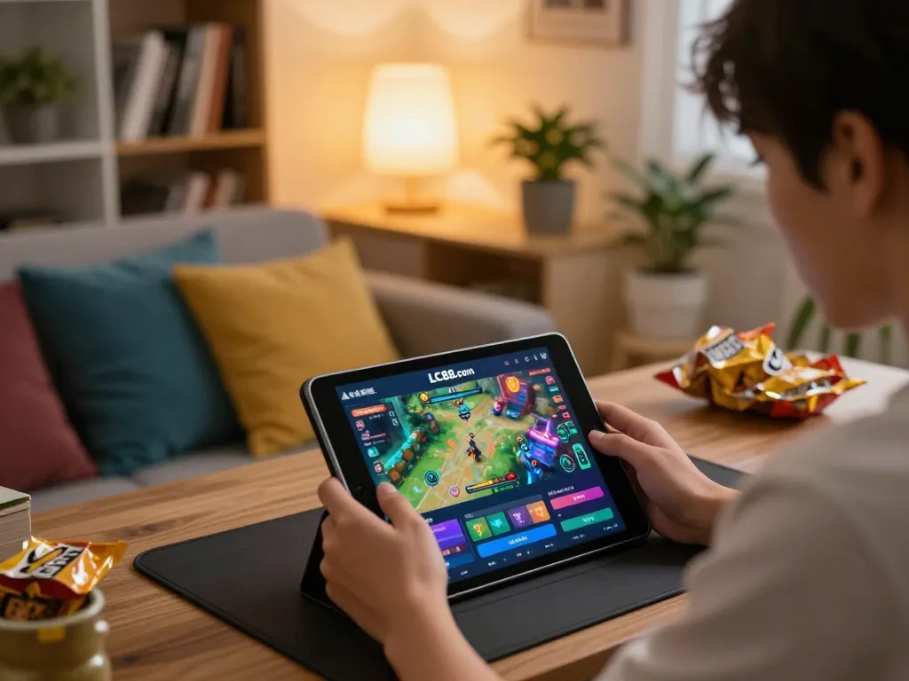 Playing exciting games on lc88 com with tablet in a cozy home setup.