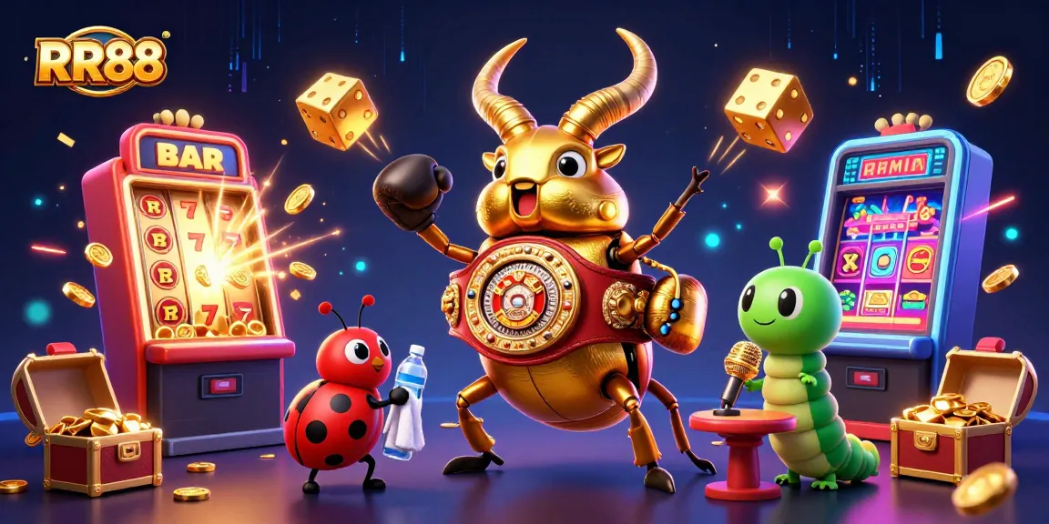 Experience RR88's giant stag beetle champion alongside exciting casino elements in a vibrant 3D illustration.