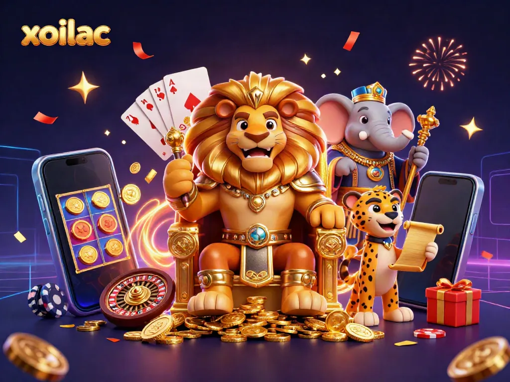 Experience fun at xoilac with a lion king, elephant advisor, and cheetah messenger surrounded by slot gaming elements.