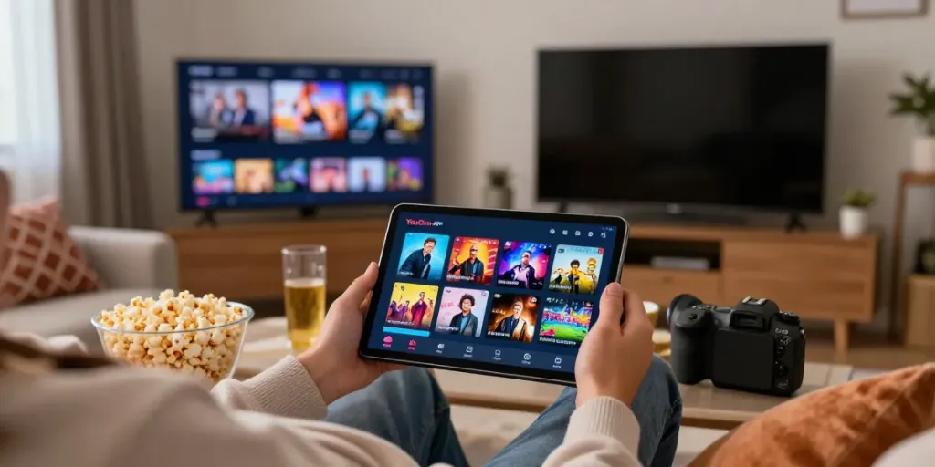 Usuário navegando pelo YouCine APK em um tablet, com ambiente aconchegante e tela de TV exibindo trailers.
