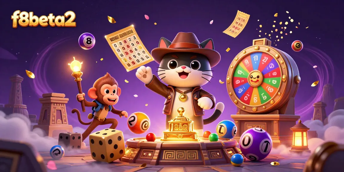 Experience the thrill of f8beta2 with dynamic gaming excitement, featuring colorful lottery elements and vibrant casino artifacts.