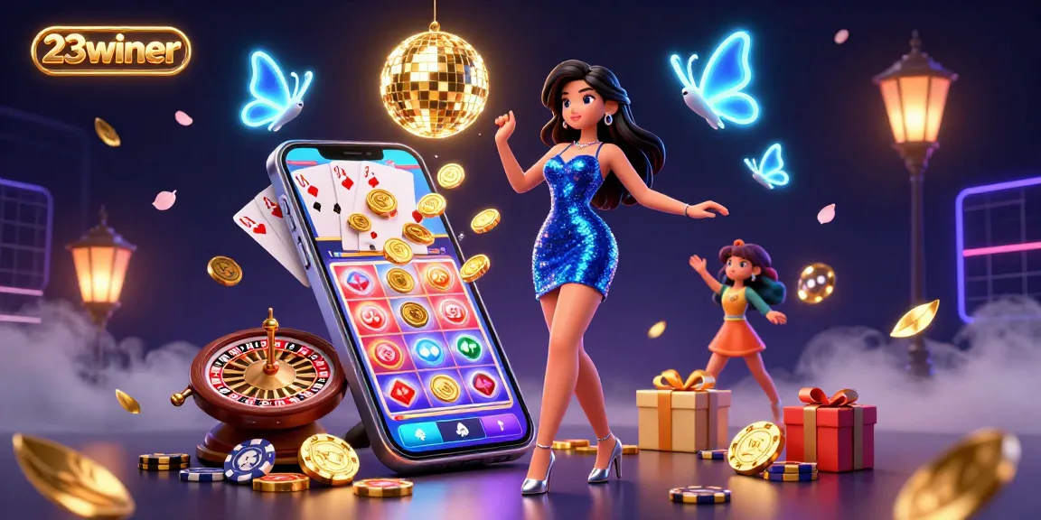 Experience the excitement of 23winer with a glamorous dance scene featuring a slot game, poker chips, and vibrant lights.