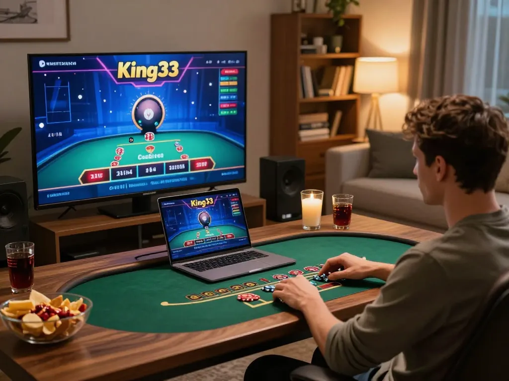 Engaging gaming session at home with king33 online casino on screen, showcasing strategic gameplay.