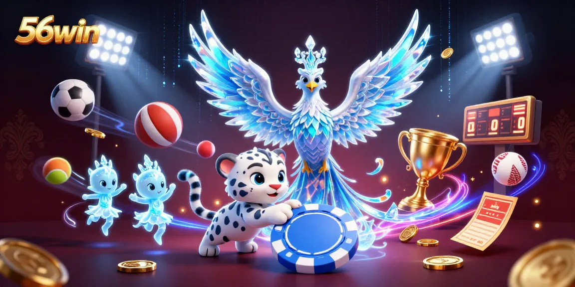 Engage with 56win in a vibrant casino scene featuring an ice phoenix, sports elements, and dynamic action.