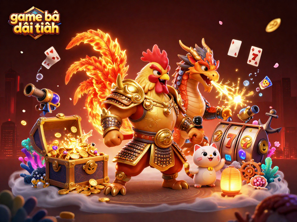 Experience thrilling game bài đổi thưởng with vibrant illustrations of warriors, treasures, and explosive winning potential.