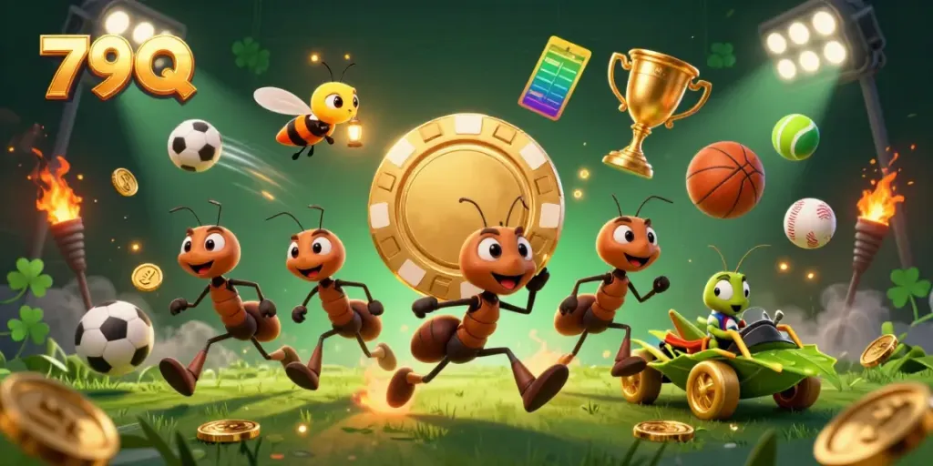 Ants carrying a giant poker chip in a gambling heist scene with sports elements, illustrating 79Q's casino experience.