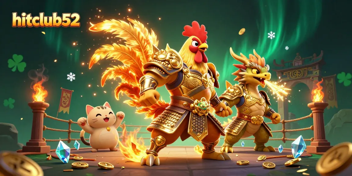 Engage with hitclub52’s thrilling gaming adventure in a vibrant 3D casino illustration featuring epic battles.