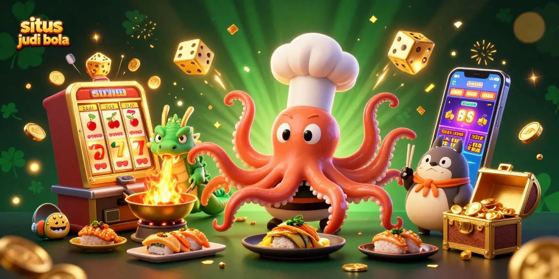 Ilustrasi 3D yang menggambarkan situs judi bola dengan karakter chef sushi dan naga, siap untuk permainan kasino yang unik