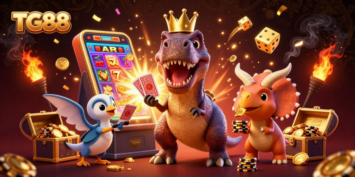 Interact with the exciting TG88 casino scene featuring a T-Rex shuffling cards and a triceratops stacking chips.