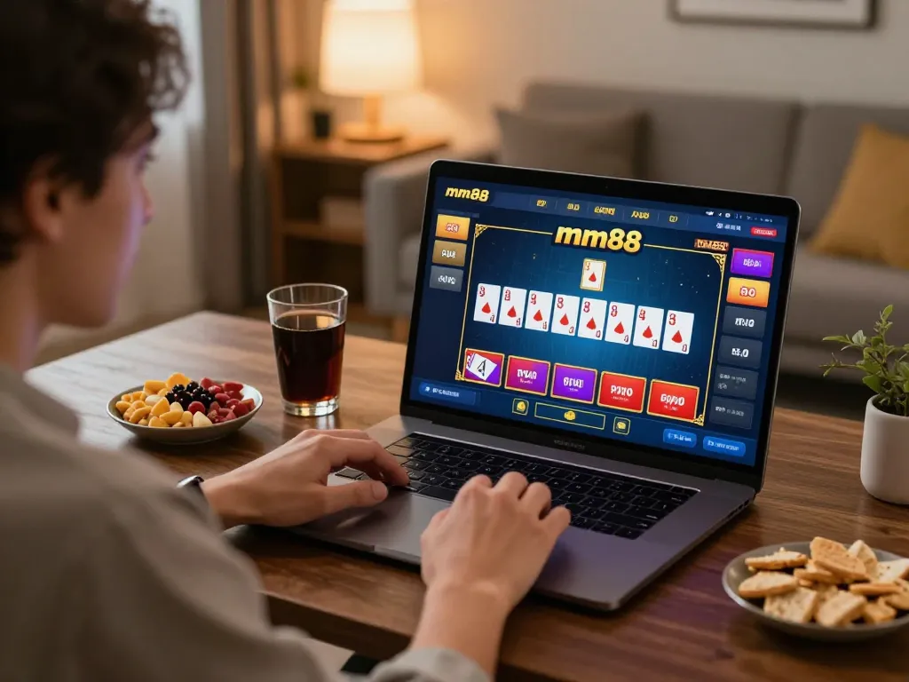 Experience thrilling game bài mm88 action on a laptop in a cozy home office.