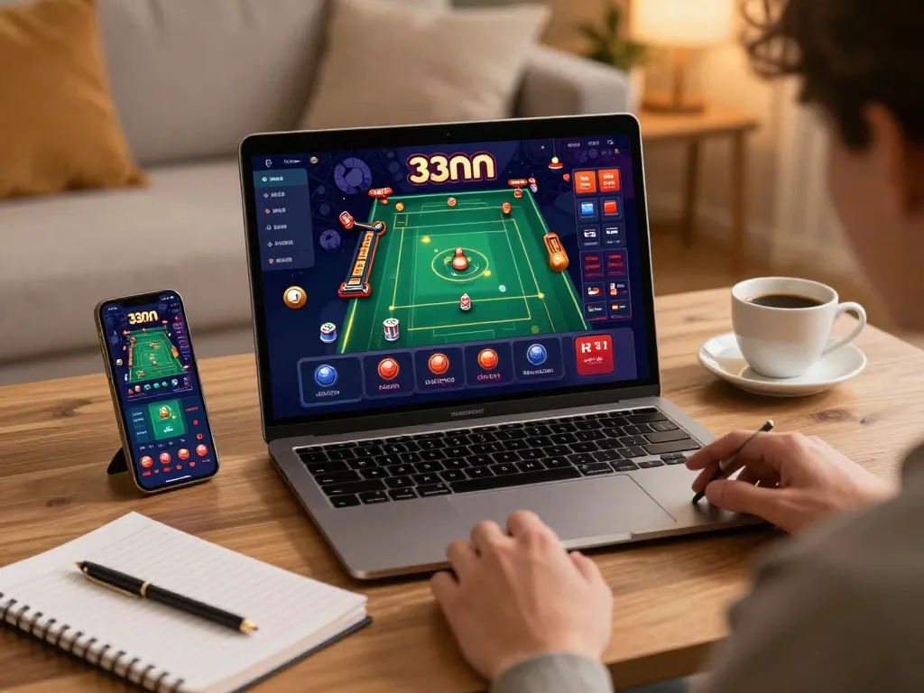 Player enjoying the gaming experience on the 33nn app in a cozy online setup.