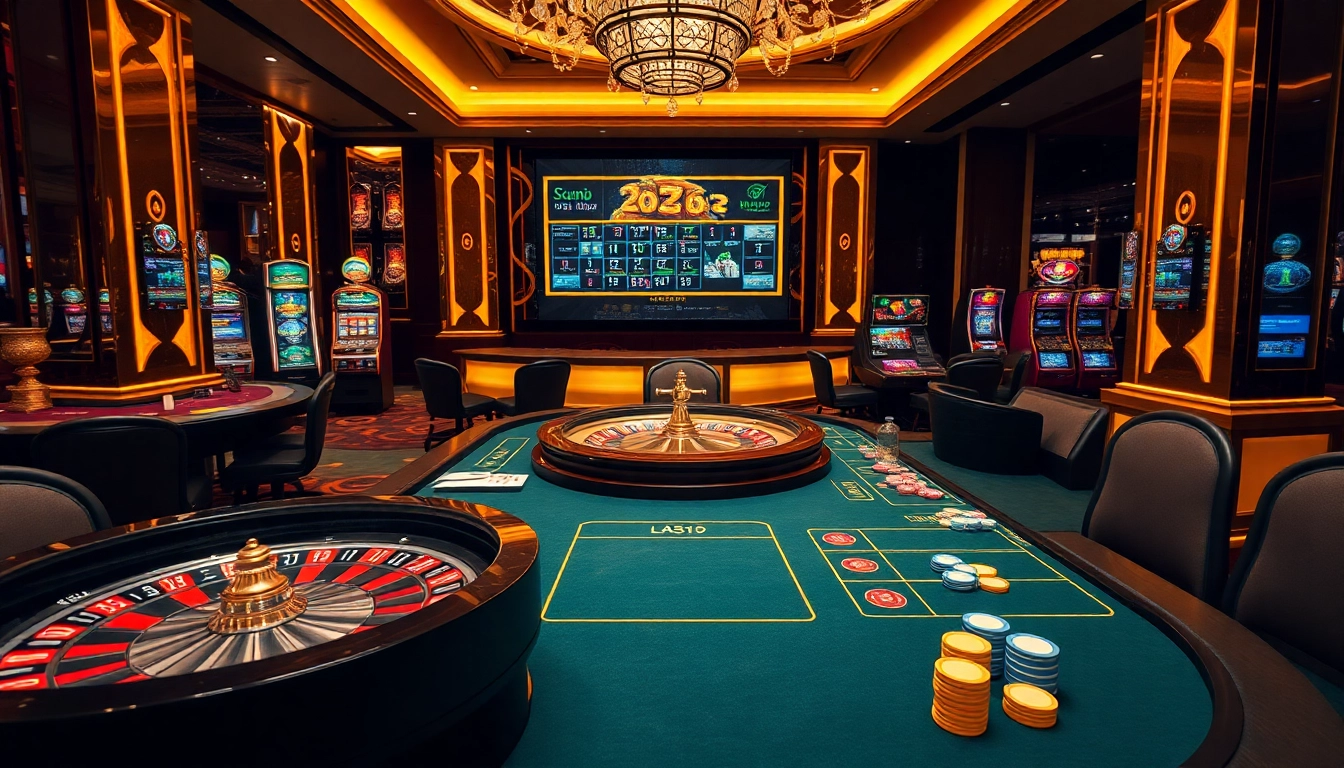 vn88 casino scene featuring professional players at a high-stakes poker table with vibrant roulette wheels and luxurious decor.