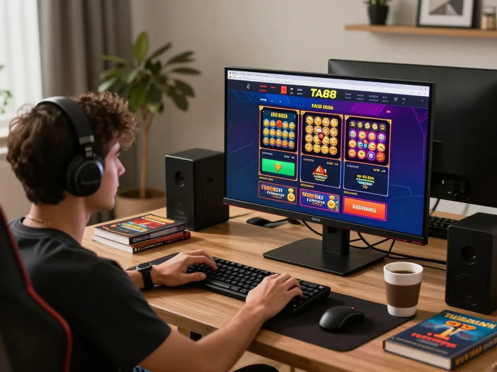 Engaging gameplay on TA88 online casino with vibrant interface and cozy home setup