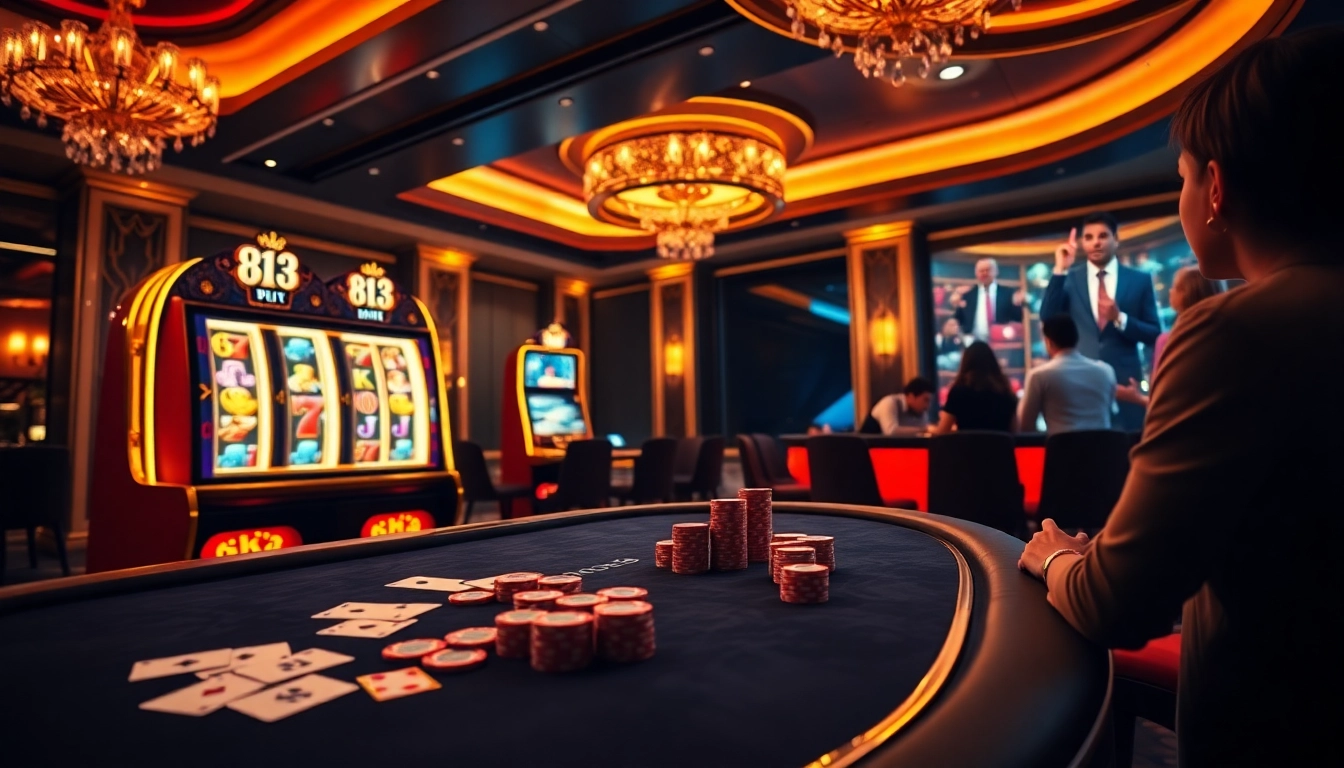 Jogadores interagindo em uma mesa de cassino online elegante na plataforma 813bet, com cores vibrantes e emoção.