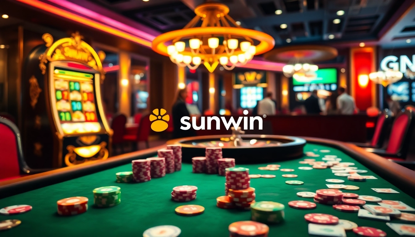 Intense gambling at sunwin casino with vibrant poker tables and exciting slot machines.