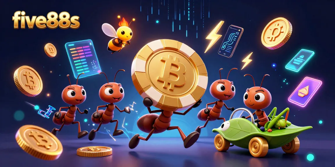 Watch five88s ants execute a thrilling heist with a giant poker chip amidst glowing cryptocurrency elements.