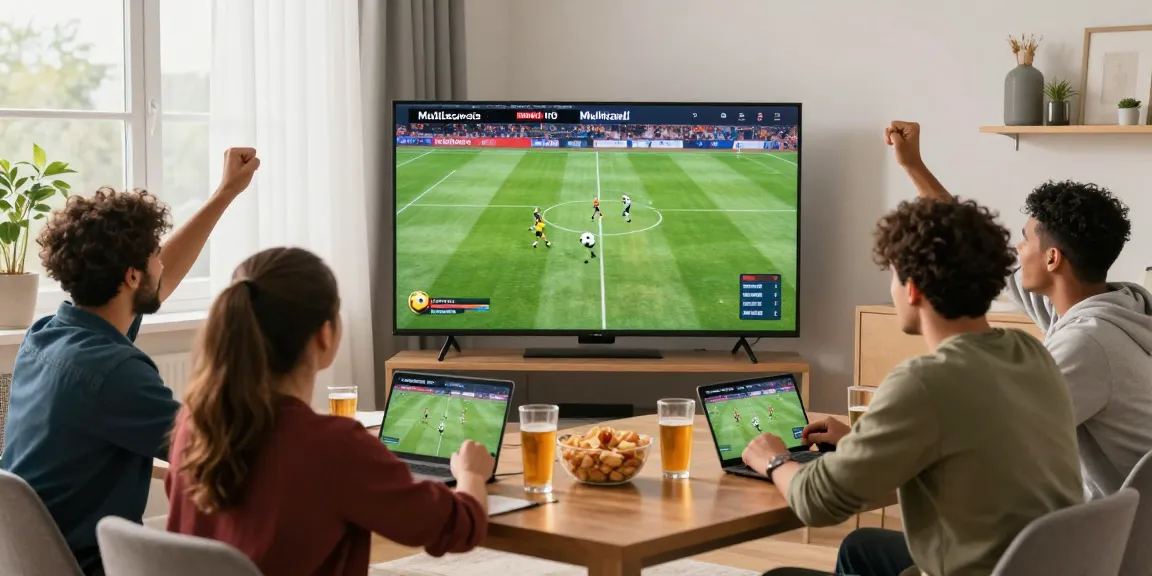 Fans enjoying live football streaming on Multicanais in a cozy setting.