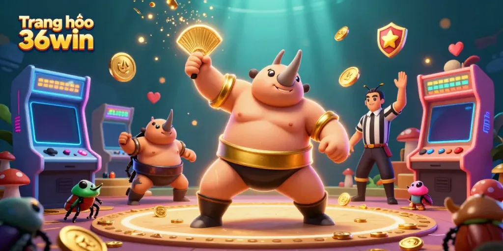 Experience thrilling gameplay at Trang chủ 36win with vibrant characters amidst flying coins and gaming machines.