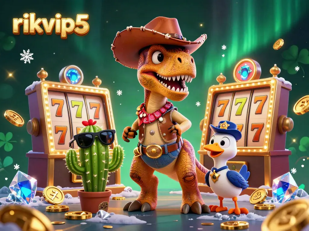 Experience thrilling wins at rikvip5 with exciting slot games featuring a T-Rex dinosaur, vibrant gems, and coins.