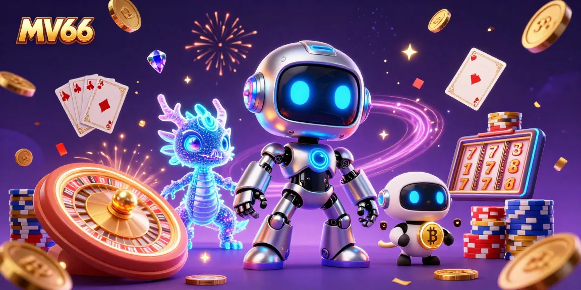 Win big at MV66 with a cyberpunk robot mascot amidst cascading coins and vibrant casino elements.