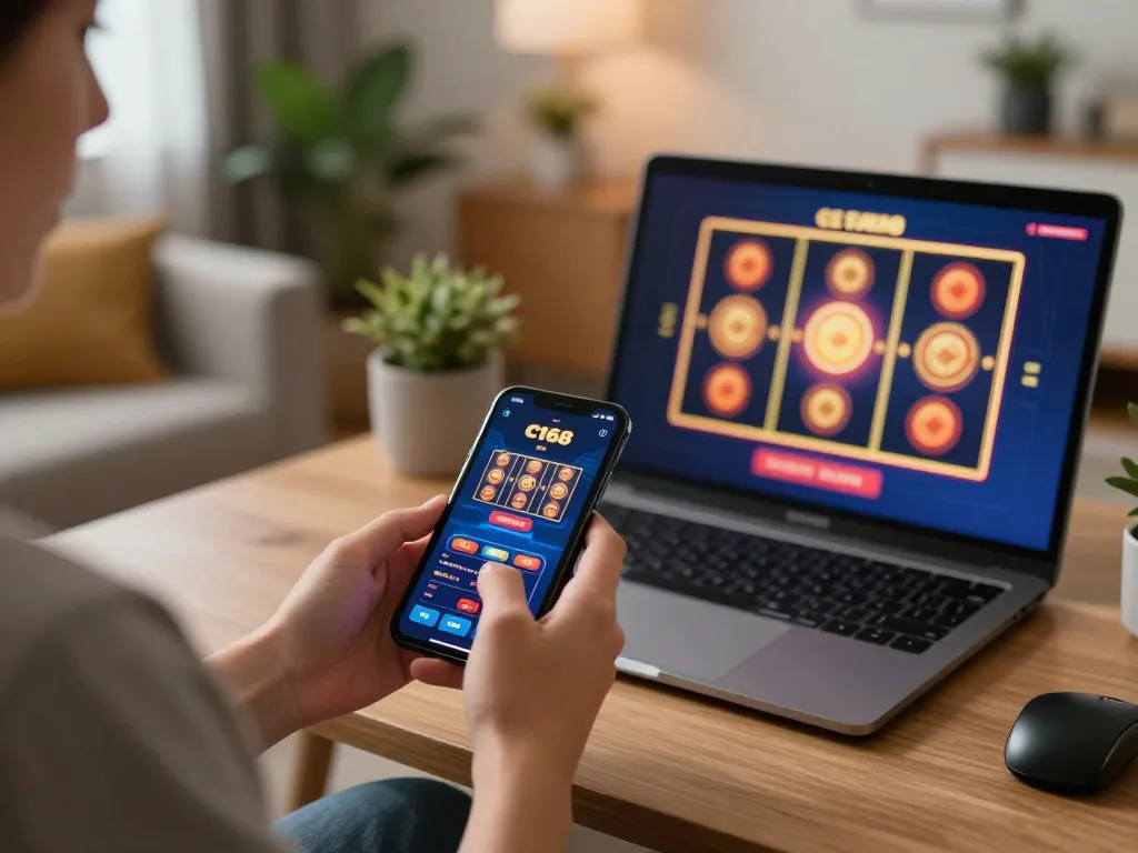 C168 players strategizing their next moves while enjoying the casino app on a smartphone amidst a cozy home setup.