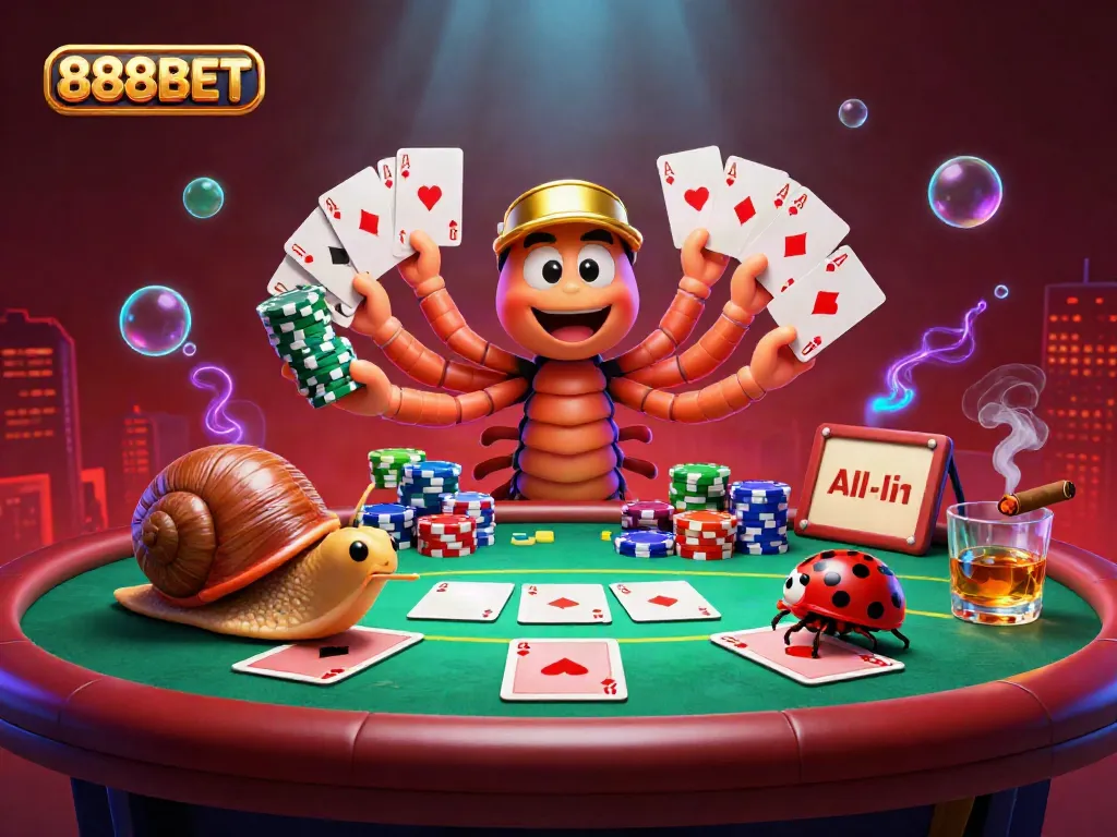 Engage with 888BET in a vibrant casino scene with a millipede dealer and a snail high-roller.