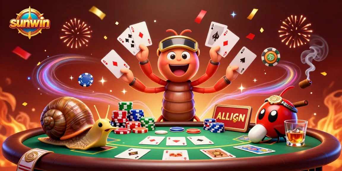 Experience thrilling sunwin gameplay with a vibrant scene featuring a millipede dealer and chip-stacking snail.
