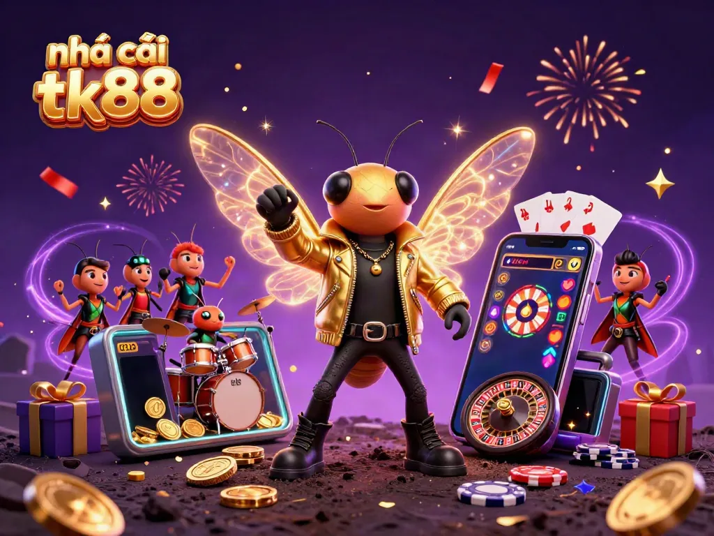 Experience thrilling gaming action with Nhà cái tk88 in a vibrant 3D casino scene.