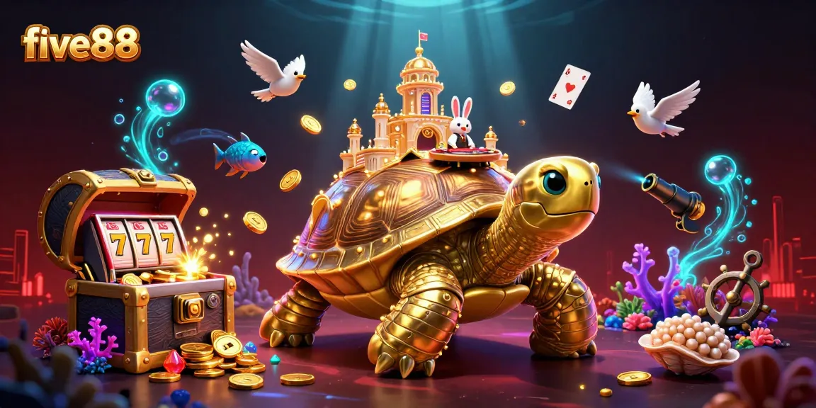 Experience the vibrant five88 casino world, featuring a giant tortoise with a casino and a playful rabbit dealer.