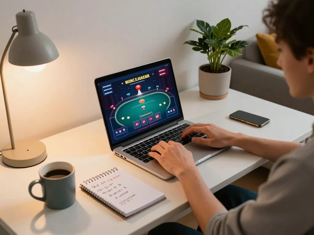 Engaged player enjoys online gaming session with 99ok on a stylish laptop